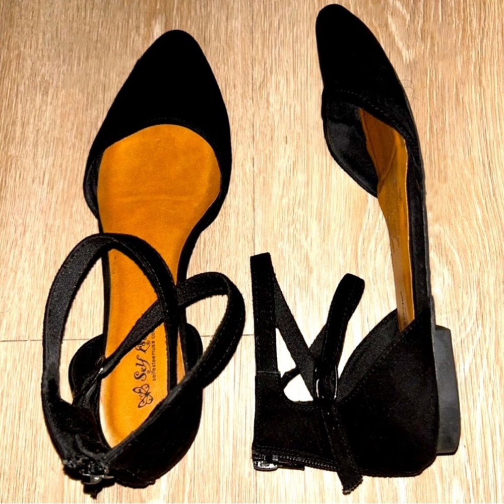 Black Faux Suede Almond-Toe Ballet Flats w/ Double Criss-Cross Ankle Straps.